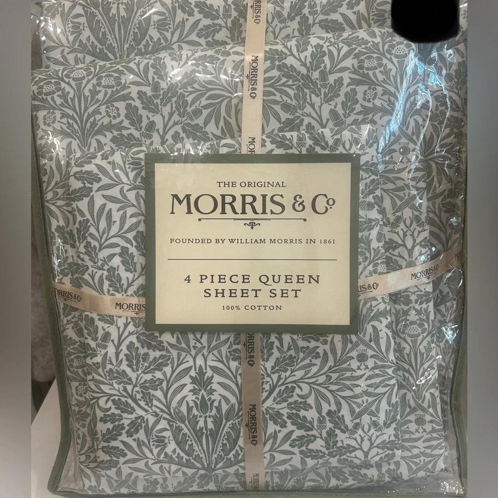 WILLIAM MORRIS & Co Green White Leaves Acorns QUEEN SHEET SET 4 PC NEW
